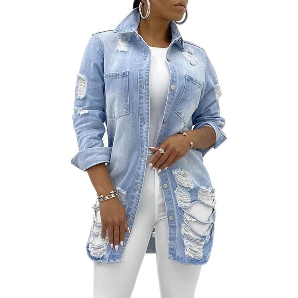 Women's Distressed Fray Hem Tassels Jean Jacket X-Large Casual Stylish